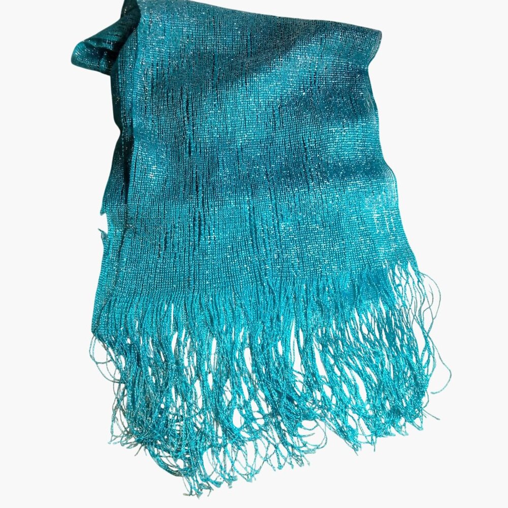 Blue Scarf Wrap Shimmery Lightweight Metallic Fringe Elegant Boho Wedding Boho